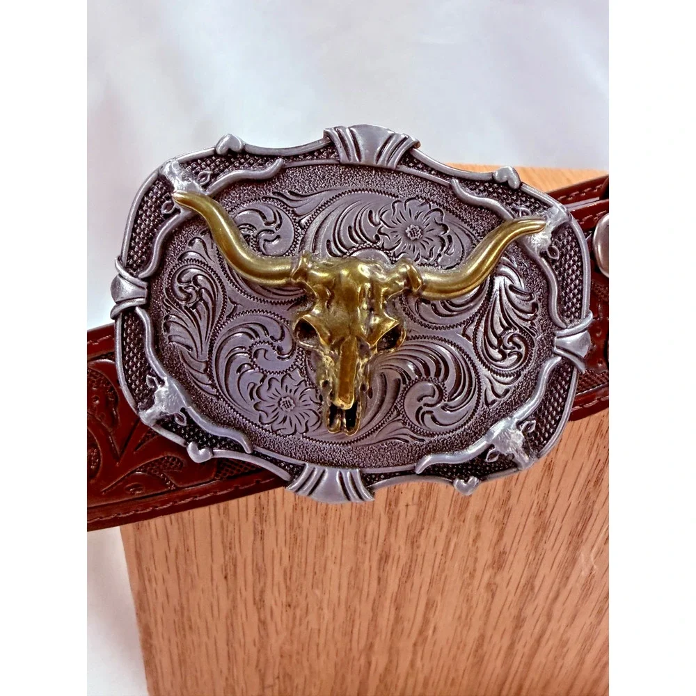 Western Leather Belt Longhorn Steer Skull Buckle Tooled Brown 36 37 USA